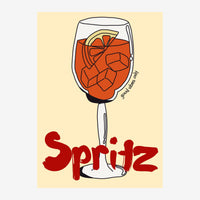 Illustration minimaliste d'un verre de spritz rempli de glaçons et d'une tranche d'orange, le mot « Spritz » en lettres.