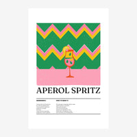 Affiche avec un verre de cocktail Aperol Spritz au centre, entouré de motifs géométriques en chevrons rose, jaune et vert.