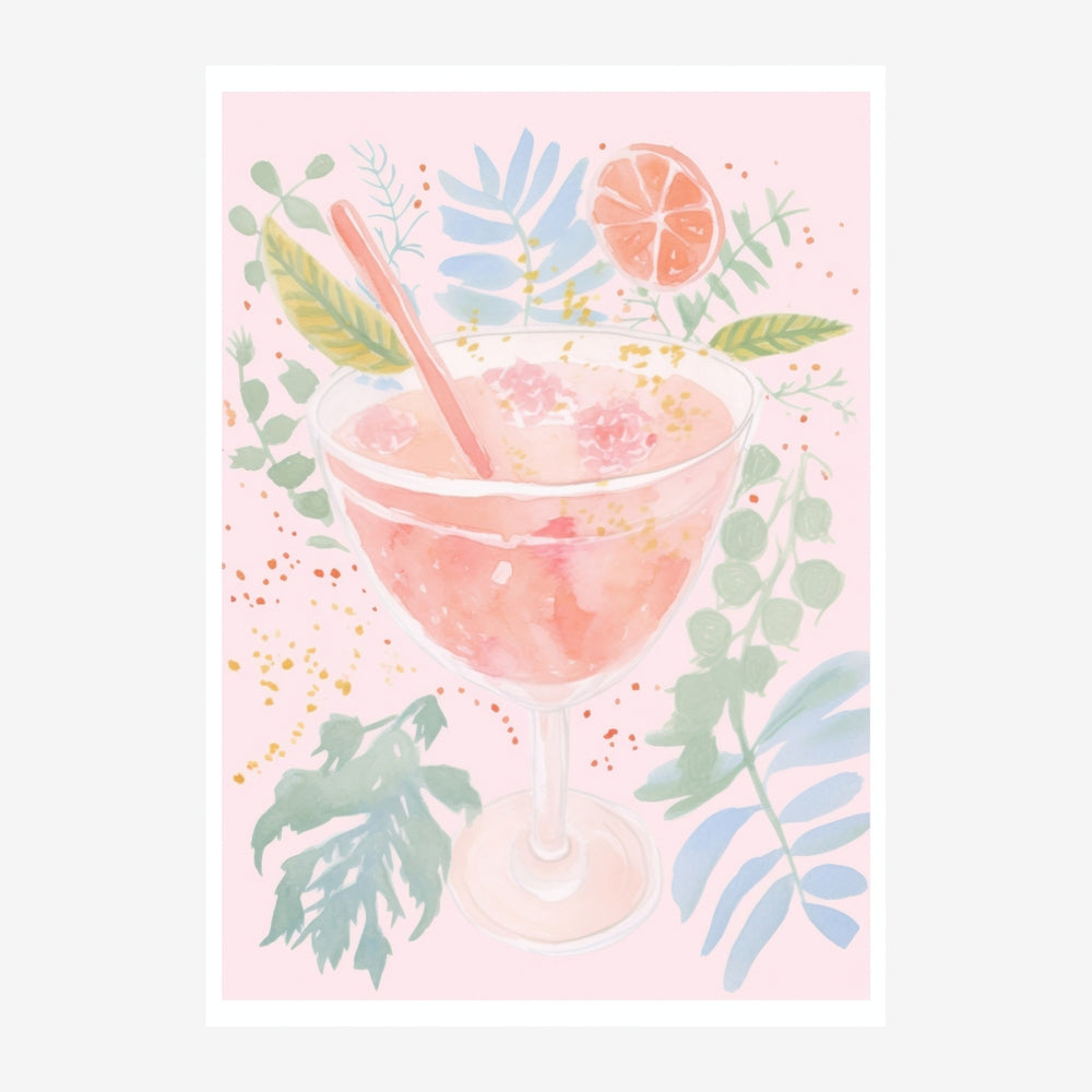 Illustration d'un verre de cocktail rose vif garni d'une tranche d'orange, entouré de feuilles et plantes décoratives sur.