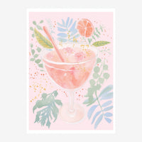 Illustration d'un verre de cocktail rose vif garni d'une tranche d'orange, entouré de feuilles et plantes décoratives sur.