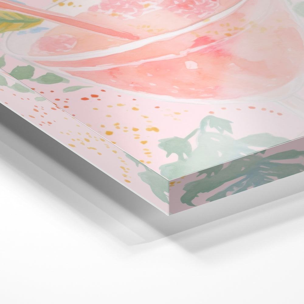 Gros plan de la matière : le tirage sous verre acrylique, tranche transparente visible.