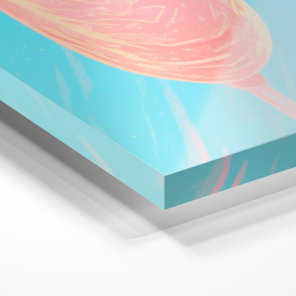 Gros plan de la matière : le tirage sous verre acrylique, tranche transparente visible.