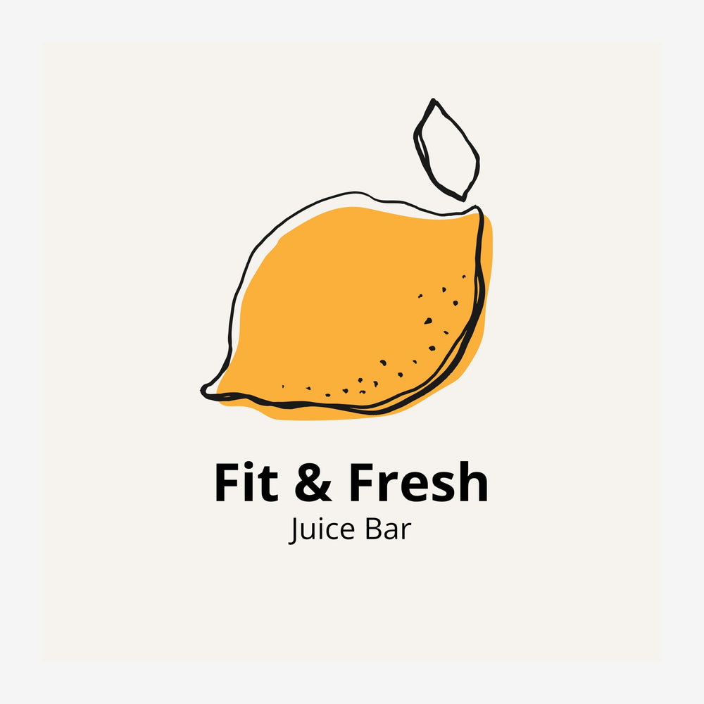 Illustration d'un citron jaune or avec feuille, dessiné en trait noir épuré, accompagné du texte « Fit & Fresh Juice Bar ».