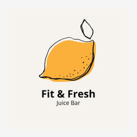 Illustration d'un citron jaune or avec feuille, dessiné en trait noir épuré, accompagné du texte « Fit & Fresh Juice Bar ».