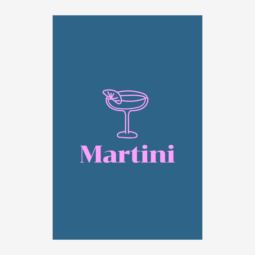 Affiche pop art représentant un verre de Martini avec tranche de citron en traits rose néon sur fond bleu, avec le mot «.