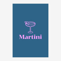 Affiche pop art représentant un verre de Martini avec tranche de citron en traits rose néon sur fond bleu, avec le mot «.