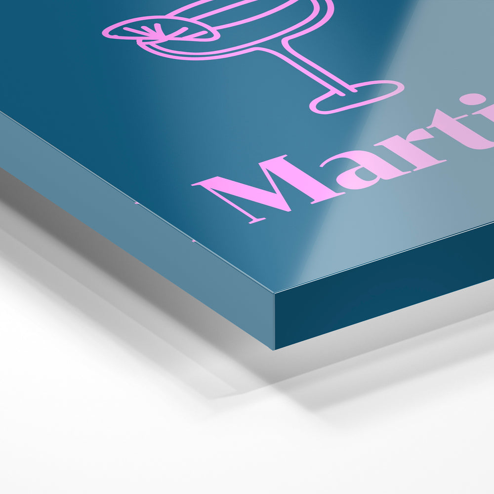 Gros plan de la matière : le tirage sous verre acrylique, tranche transparente visible.