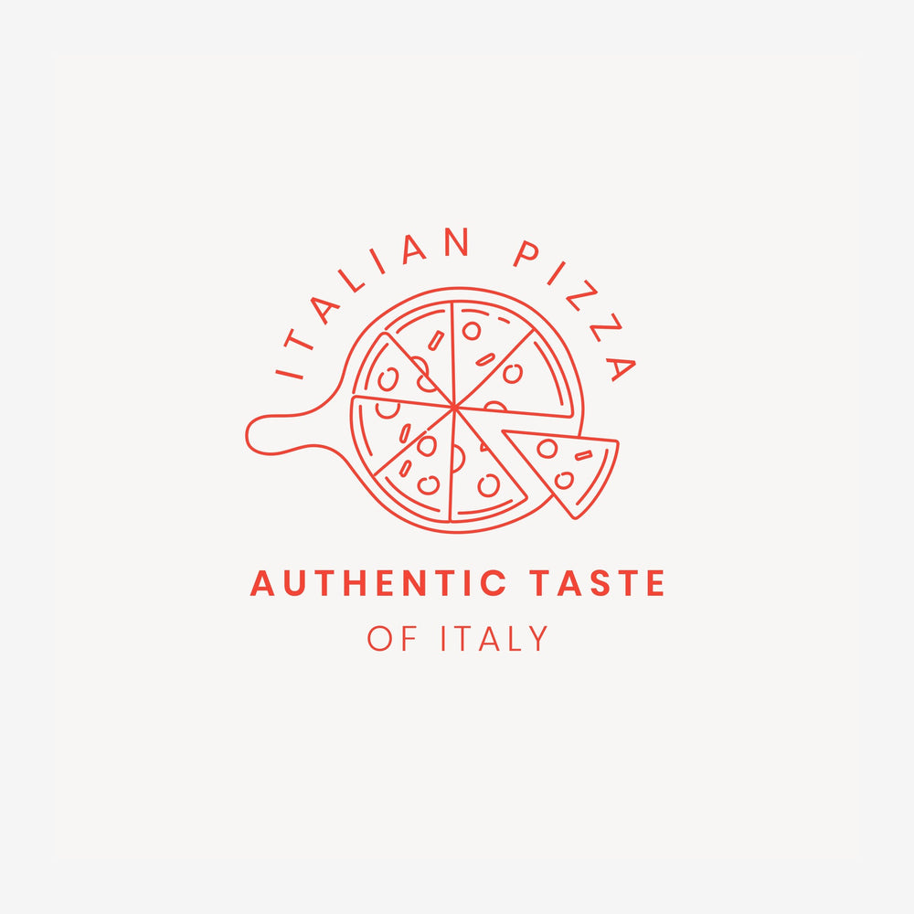 Affiche avec un dessin au trait d'une pizza sur pelle, accompagné du texte « Italian Pizza » et « Authentic Taste of Italy ».