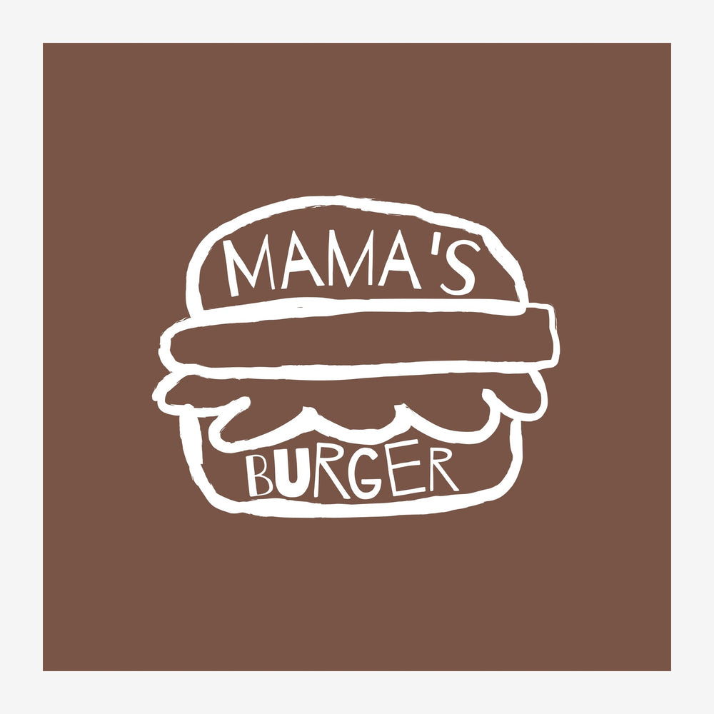Affiche illustrant un hamburger stylisé au trait blanc avec l'inscription « Mama's Burger » sur fond marron terracotta.