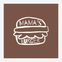 Affiche illustrant un hamburger stylisé au trait blanc avec l'inscription « Mama's Burger » sur fond marron terracotta.