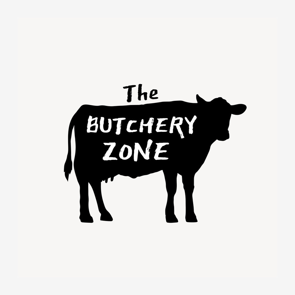 Silhouette noire d'une vache avec le texte blanc « The Butchery Zone » inscrit sur son corps, sur fond beige clair.