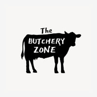 Silhouette noire d'une vache avec le texte blanc « The Butchery Zone » inscrit sur son corps, sur fond beige clair.