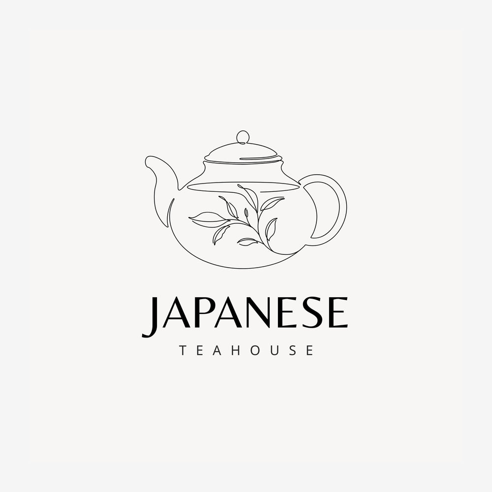 Dessin au trait d'une théière traditionnelle japonaise avec feuillage, sur fond blanc, accompagné du texte « JAPANESE.