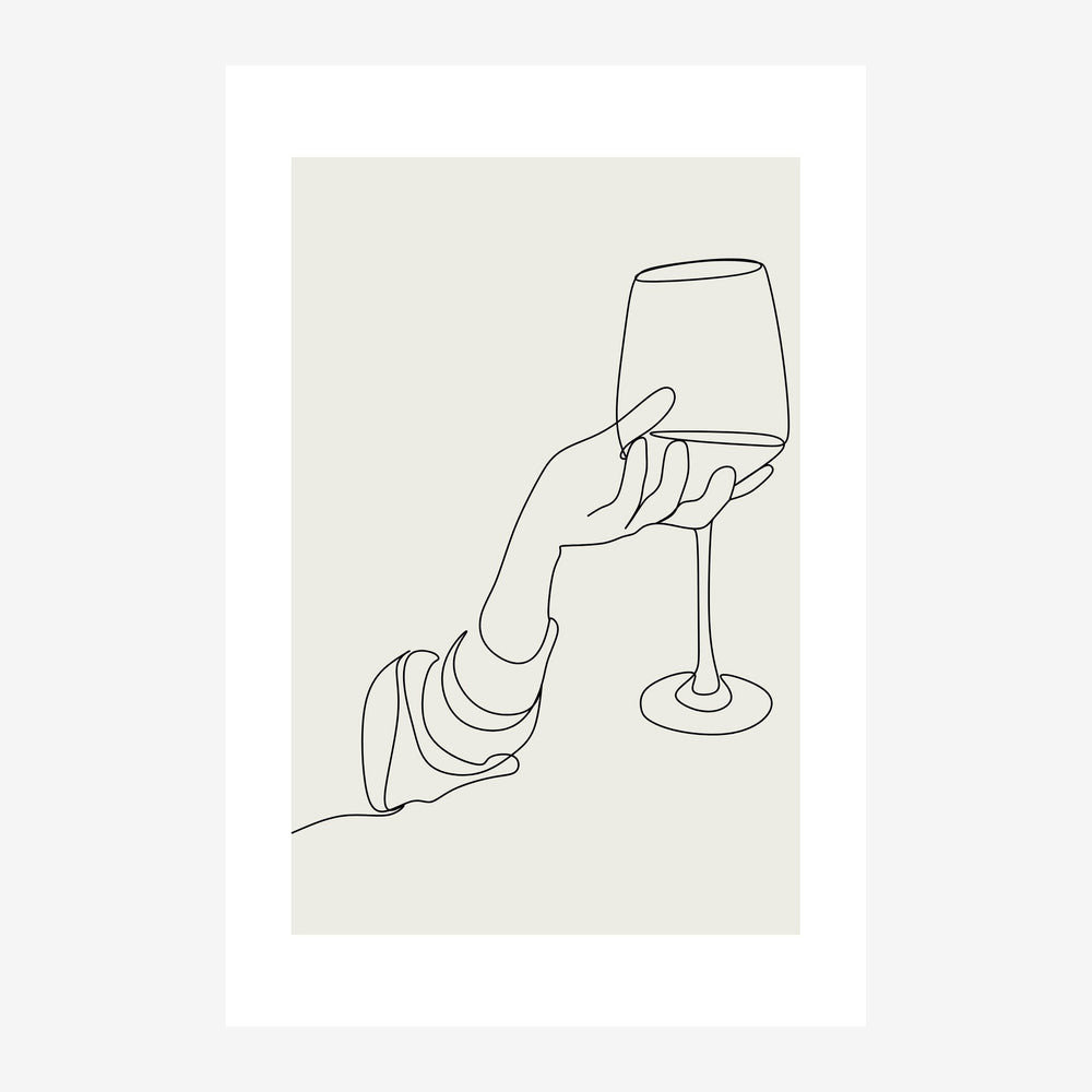 Une main tenant un verre de vin, dessinée en trait continu noir sur fond beige clair.