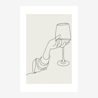 Une main tenant un verre de vin, dessinée en trait continu noir sur fond beige clair.