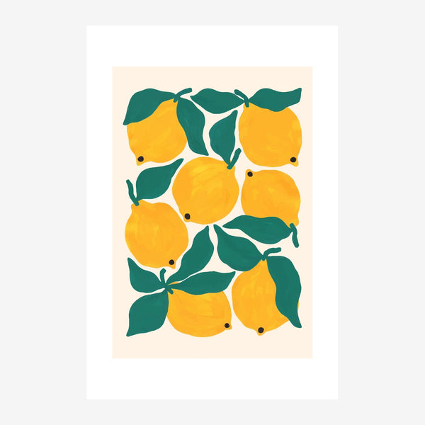 Citrons jaunes et feuilles vertes, style botanique — Toile sur châssis