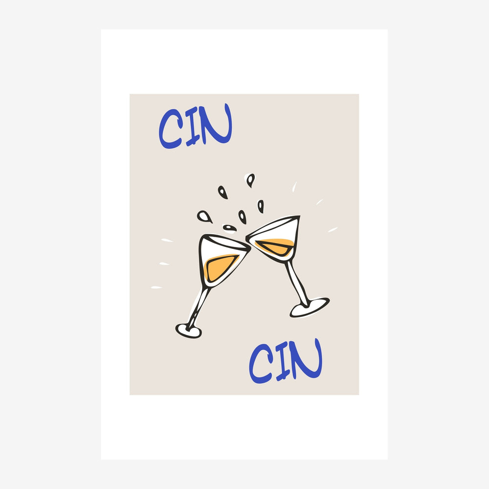Affiche beige avec deux verres de vin qui trinquent, décorés de doré, entourés du mot « Cin » en bleu.