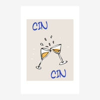 Affiche beige avec deux verres de vin qui trinquent, décorés de doré, entourés du mot « Cin » en bleu.