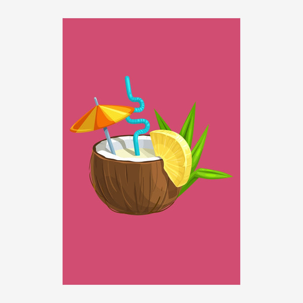 Illustration d'un cocktail tropical dans une noix de coco avec paille turquoise, tranche de citron, parasol orange et.