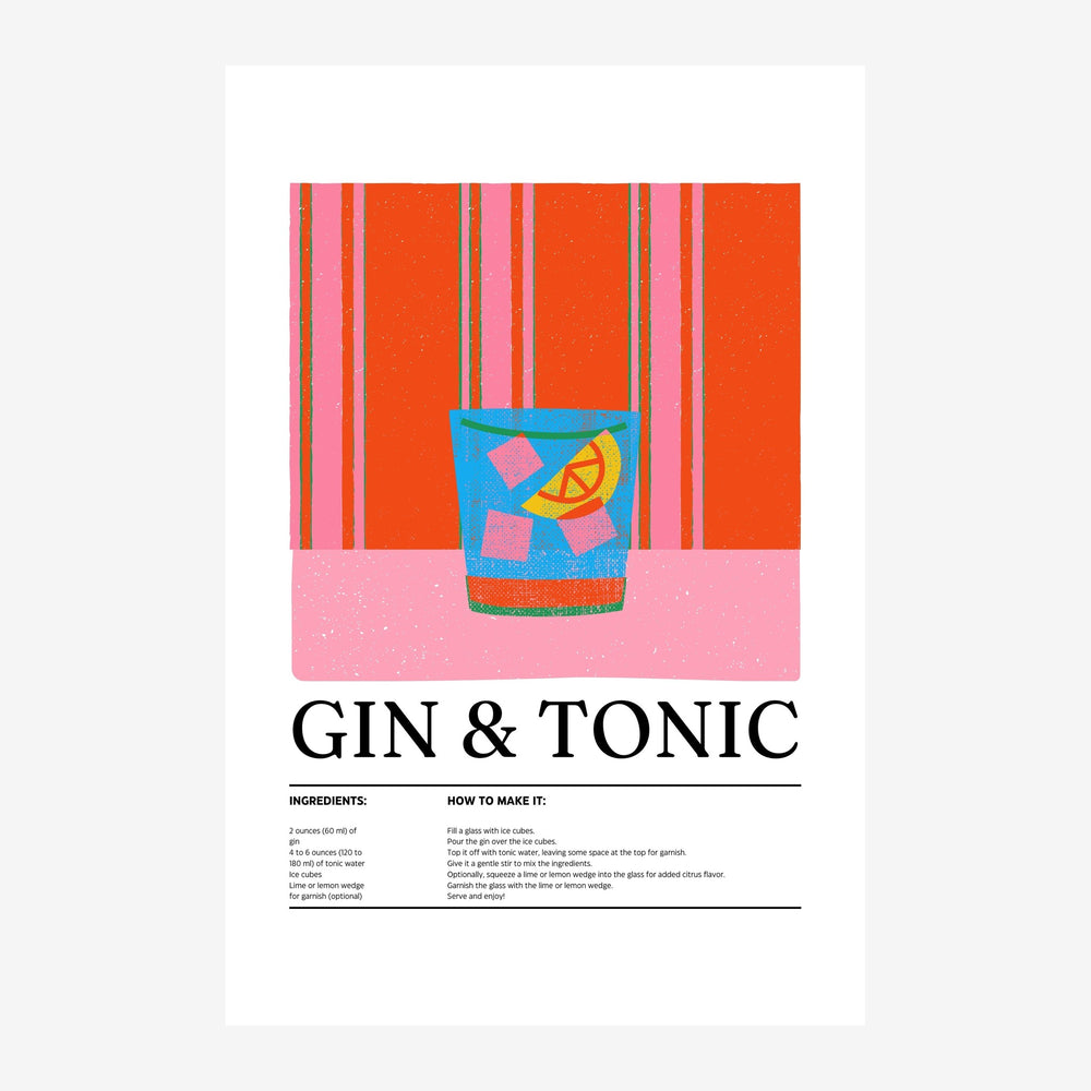 Affiche illustrée montrant un verre de Gin & Tonic coloré sur un fond à rayures orange et rose, avec la recette imprimée en.