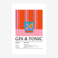 Affiche illustrée montrant un verre de Gin & Tonic coloré sur un fond à rayures orange et rose, avec la recette imprimée en.