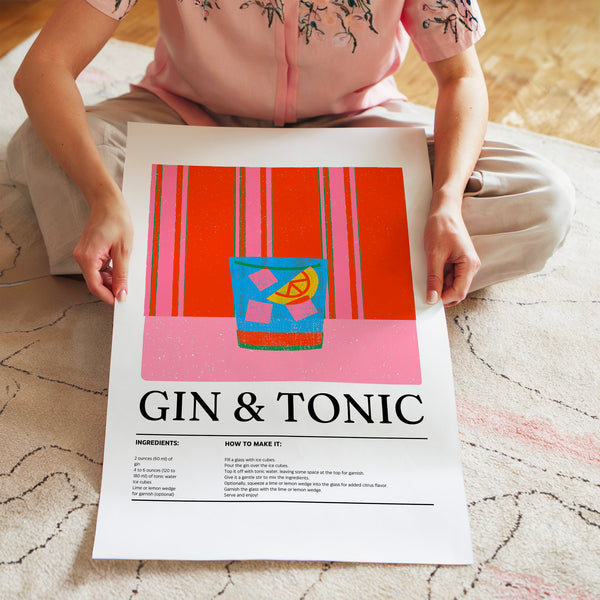 Gin & Tonic recette pop art rose et orange — Poster HP mat