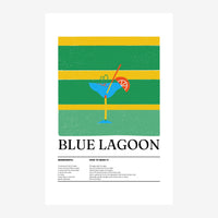 Affiche Art déco illustrant le cocktail Blue Lagoon avec un verre bleu turquoise garnied'une tranche d'orange, sur fond de.