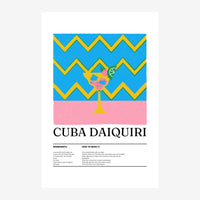 Affiche rétro avec le titre "Cuba Daiquiri", montrant un verre de cocktail stylisé en rose et bleu sur un fond géométrique.