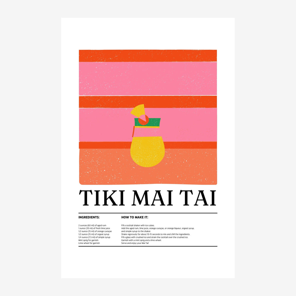 Affiche montrant un verre à cocktail jaune avec parasol sur des bandes rose et corail alternées, accompagnée du titre « Tiki.
