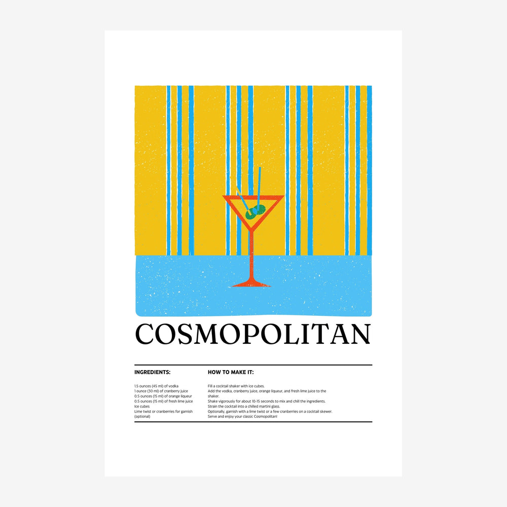 Affiche rétro présentant la recette du Cosmopolitan : verre de cocktail rouge-orange sur fond jaune et bleu, avec texte des.