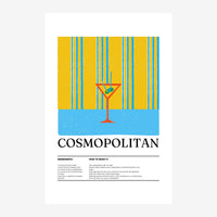 Affiche rétro présentant la recette du Cosmopolitan : verre de cocktail rouge-orange sur fond jaune et bleu, avec texte des.