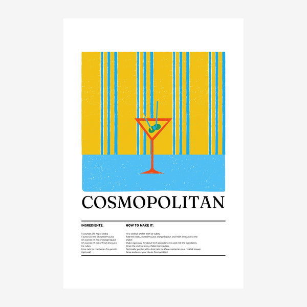Cosmopolitan - Affiche cocktail rétro jaune et bleu — Toile sur châssis