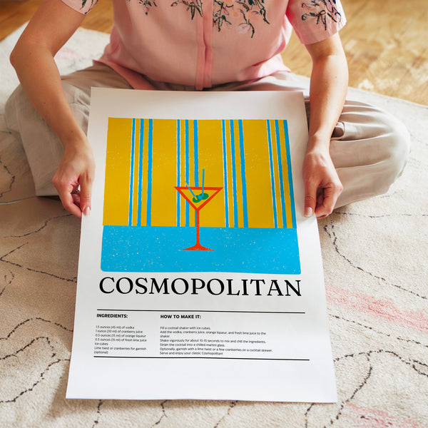 Cosmopolitan - Affiche cocktail rétro jaune et bleu — Poster HP mat