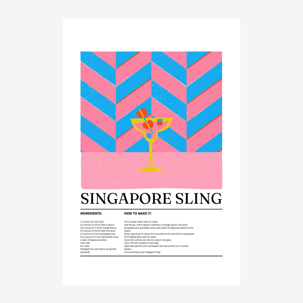 Affiche de recette du Singapore Sling avec un motif chevron rose et bleu géométrique, un verre jaune stylisé au centre, et.