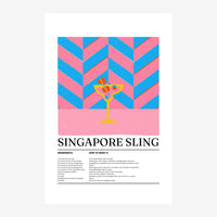 Affiche de recette du Singapore Sling avec un motif chevron rose et bleu géométrique, un verre jaune stylisé au centre, et.