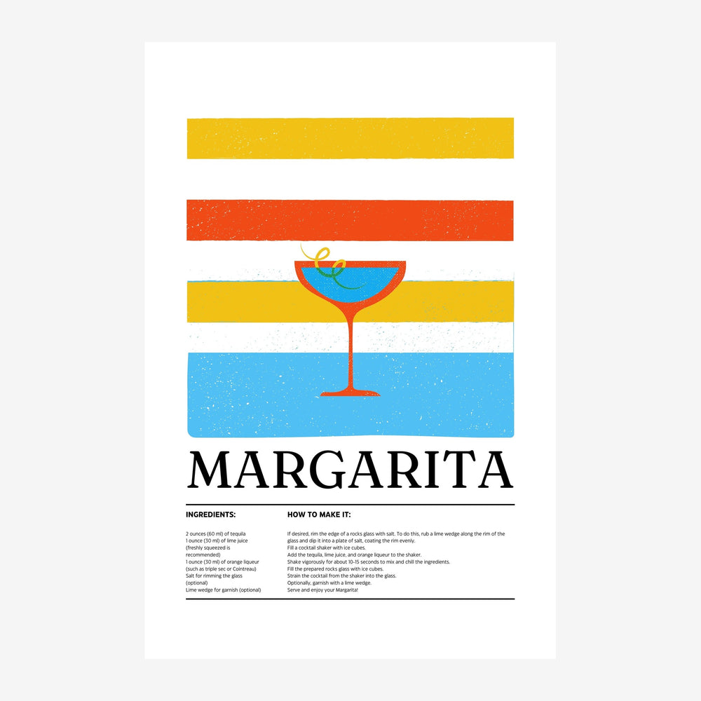 Affiche illustrant un verre de Margarita coloré entre des bandes jaune, rouge et bleu, avec la recette du cocktail en texte.