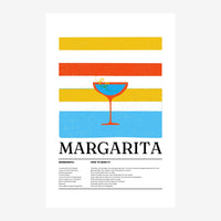 Affiche illustrant un verre de Margarita coloré entre des bandes jaune, rouge et bleu, avec la recette du cocktail en texte.