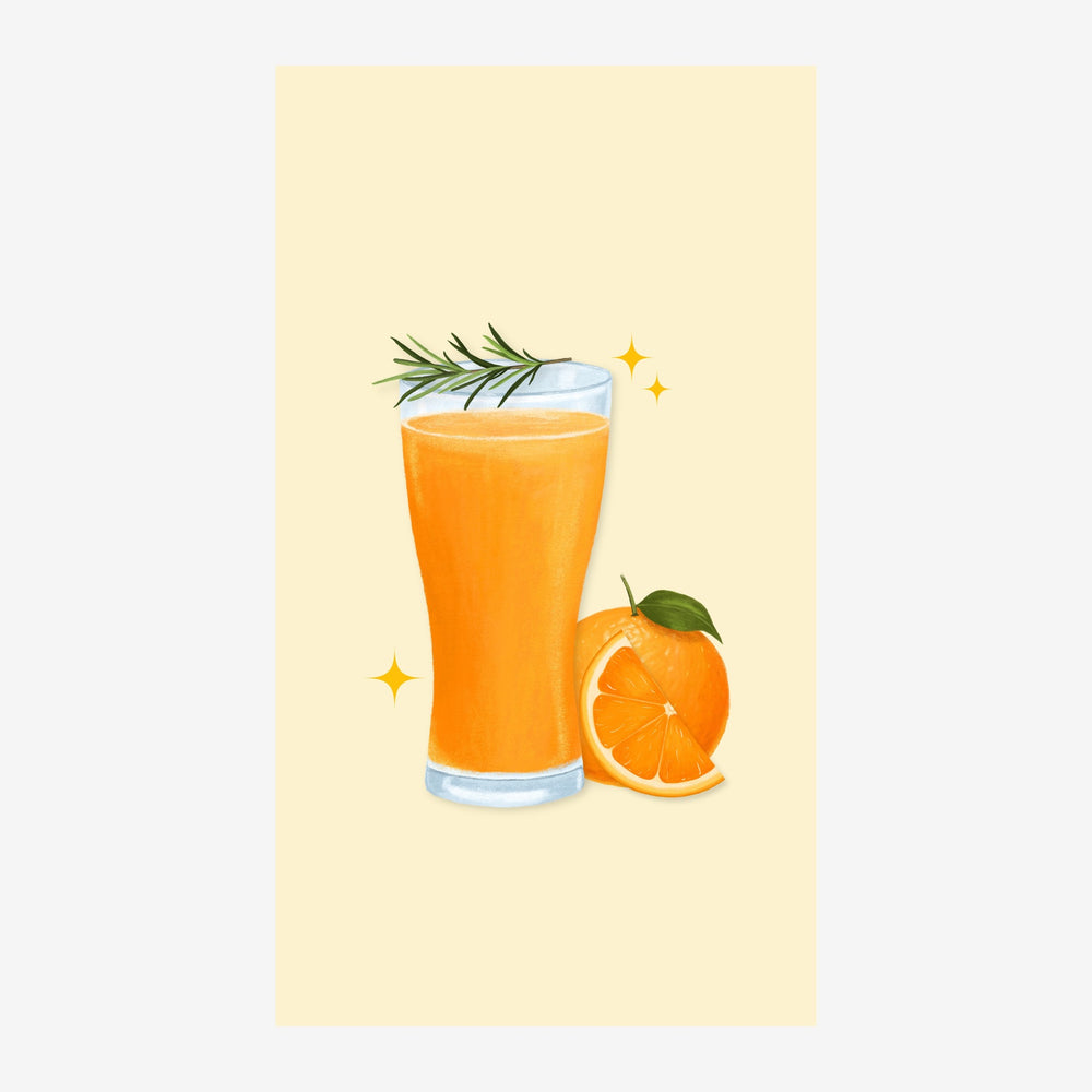 Un verre de jus d'orange garni de romarin, à côté d'une demi-tranche d'orange, sur un fond crème clair orné d'étoiles dorées.
