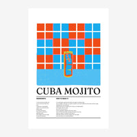 Affiche pop art représentant un cocktail Cuba Mojito avec un carrelage géométrique damier bleu et orange en arrière-plan, le.
