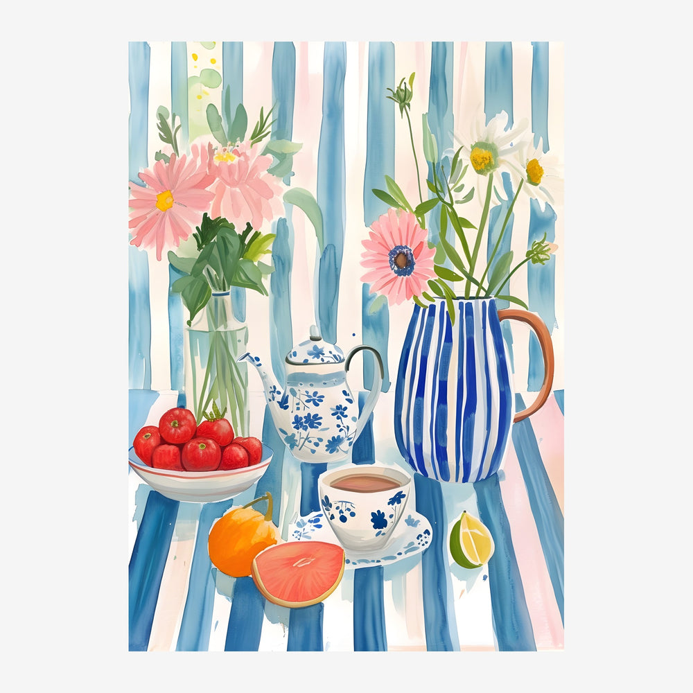 Illustration montrant des vases avec des bouquets de marguerites roses et blanches, une théière bleue, une tasse, des fruits.