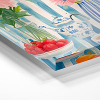 Gros plan de la matière : le tirage sous verre acrylique, tranche transparente visible.