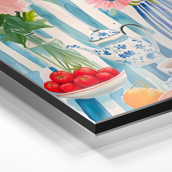 Bouquets et fruits rose poudré bleu ciel — Aluminium Dibond relief 3D