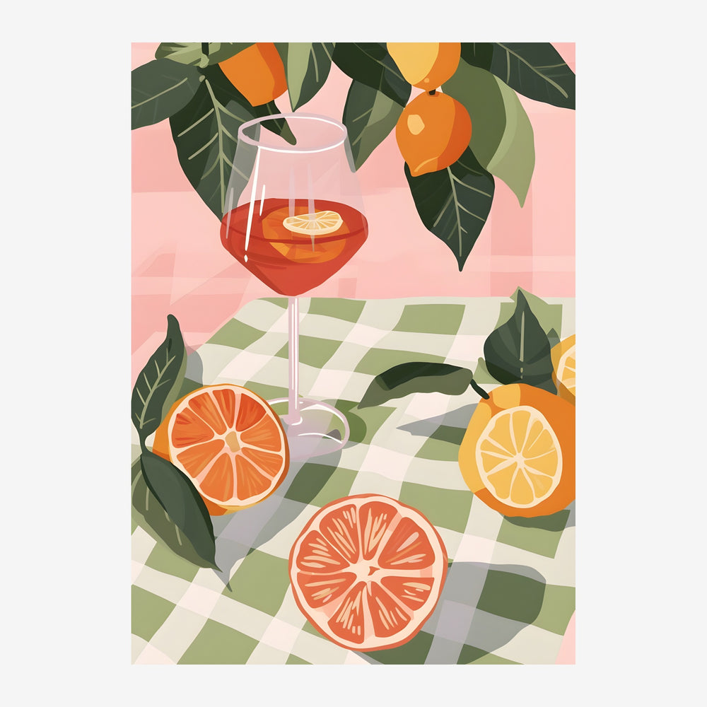 Affiche illustrant un verre de vin rosé avec une tranche d'orange, entouré d'agrumes frais et de feuilles vertes sur un fond.