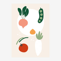 Illustration minimaliste colorée montrant des fruits et légumes stylisés : radis rose, tomate rouge, pois vert, cactus et.