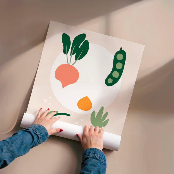 Fruits et légumes en style épuré, beige et vert — Poster HP mat