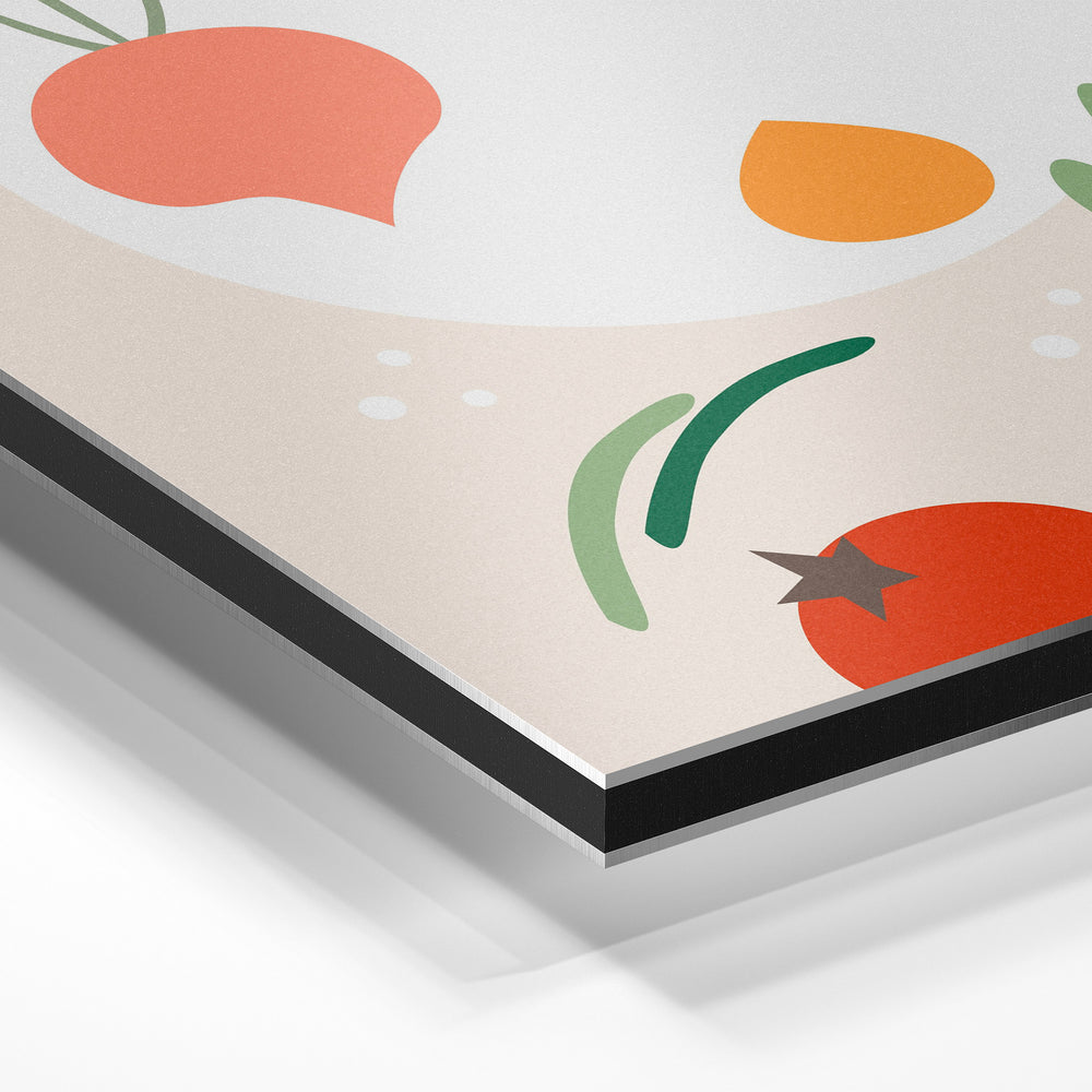 Gros plan de la matière : le tirage contrecollé sur aluminium Dibond mat, tranche visible.