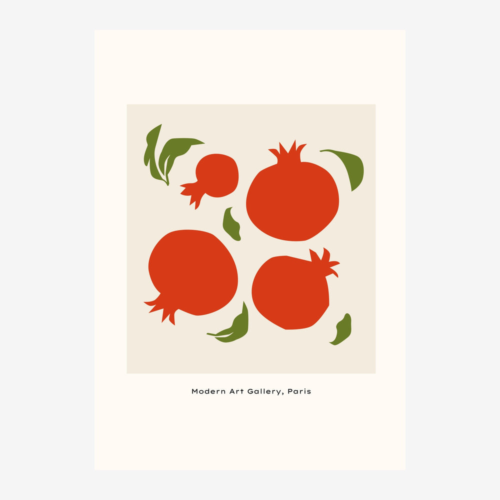 Trois grenades rouges avec feuilles vertes sur fond beige clair, style graphique minimaliste.