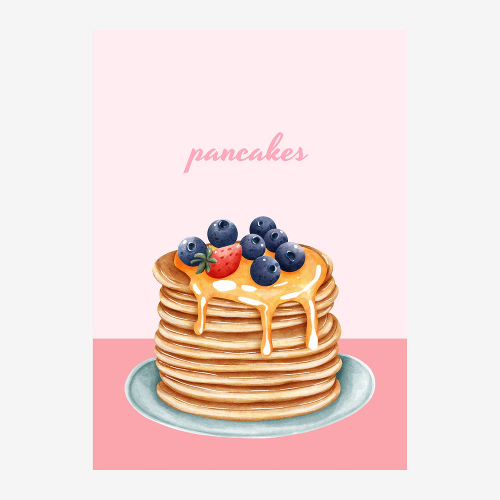 Affiche illustrant une pile de pancakes dorés garnis de myrtilles et fraise, sur fond rose poudré avec le mot « pancakes ».
