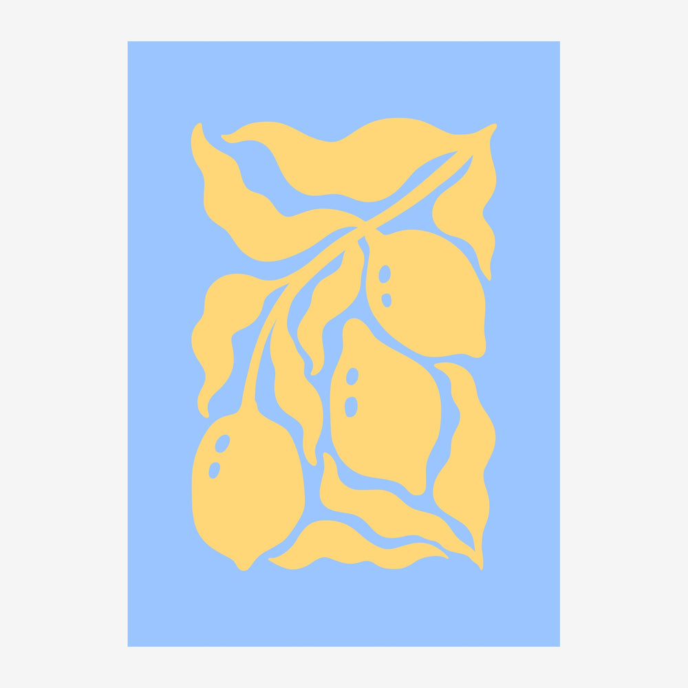 Illustration minimaliste montrant une branche de citrons jaunes avec feuillages sur fond bleu ciel, aux formes épurées et.