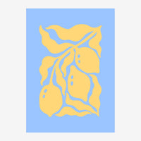 Illustration minimaliste montrant une branche de citrons jaunes avec feuillages sur fond bleu ciel, aux formes épurées et.